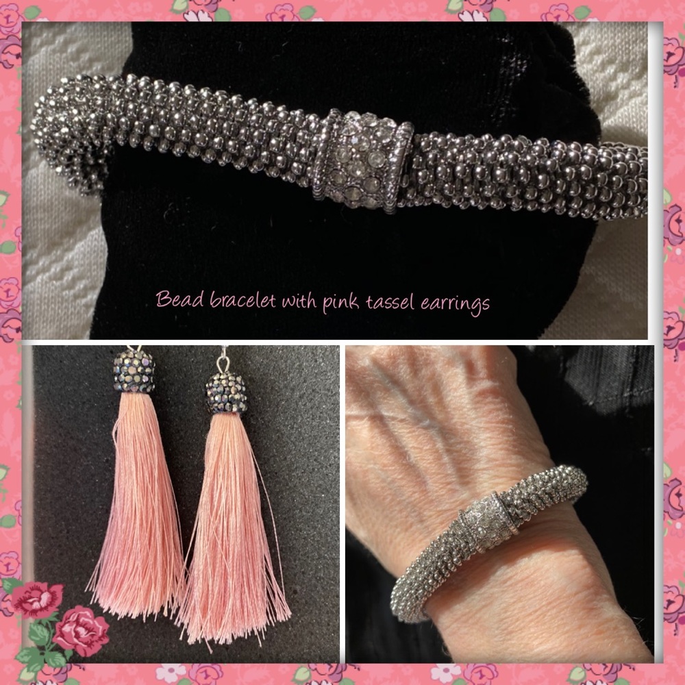 Silver beaded bracelet with pink tassel earrings